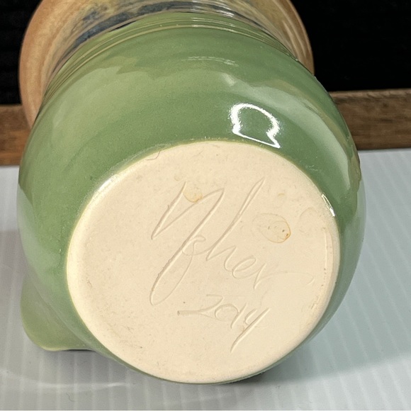 Clay in Motion Pottery Hand Warmer Mug Signed Neher Drip Glazed Green Blue Brown - Picture 6 of 11